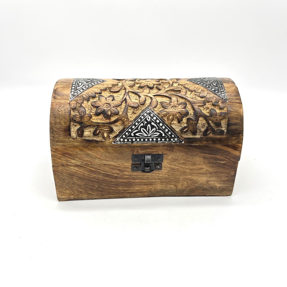 Carved Floral Wooden‎ Treasure Chest Metal Jewelry Trinket Box 7x4x4.5